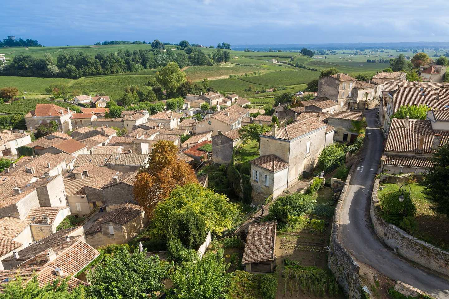 Rooftops of Saint-Émilion with vineyards stretching to the horizon