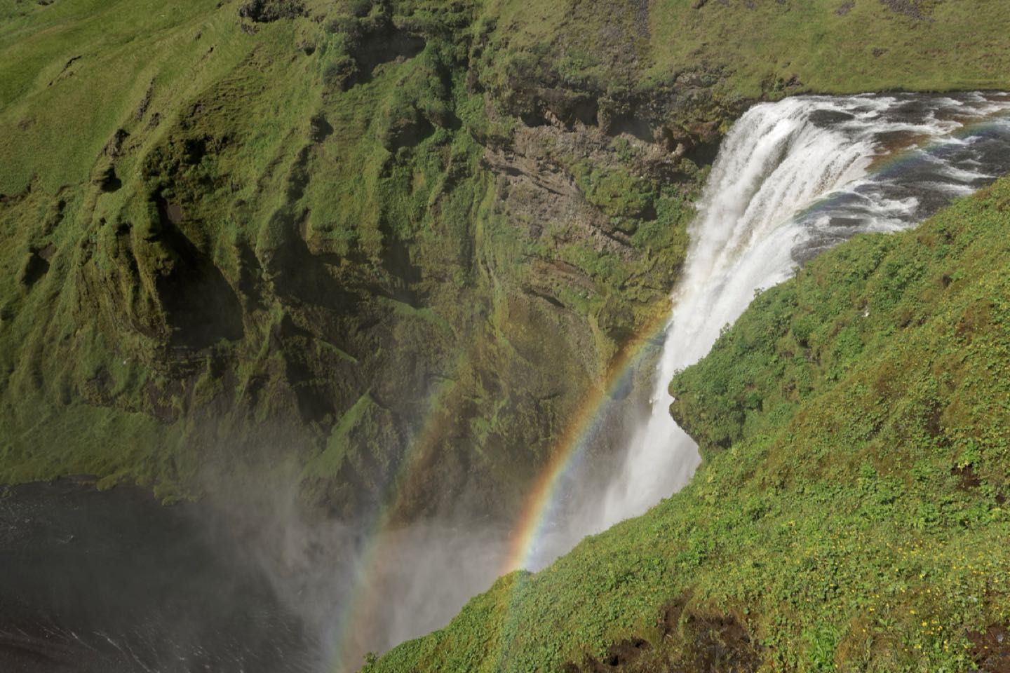 Skógafoss waterfall plunging from a green cliff, a rainbow in its spray
