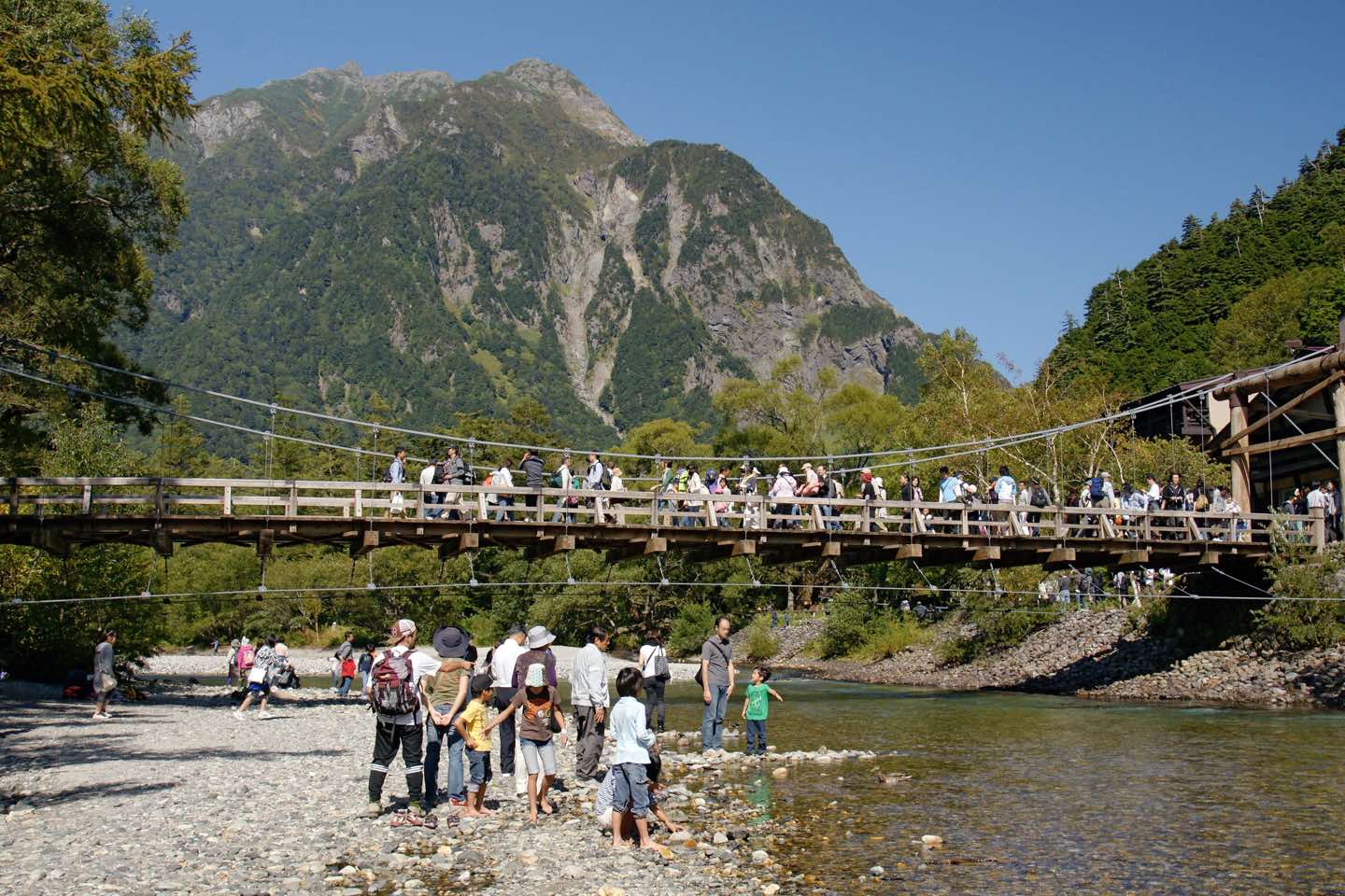 Hikers by the Kappabashi bridge over the Azusa River in Kamikochi