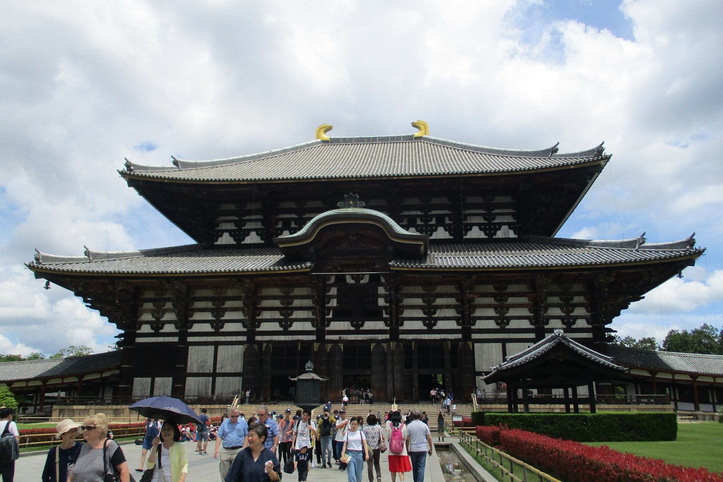 The wooden Daibutsuden hall of Todai-ji in Nara under a summer sky