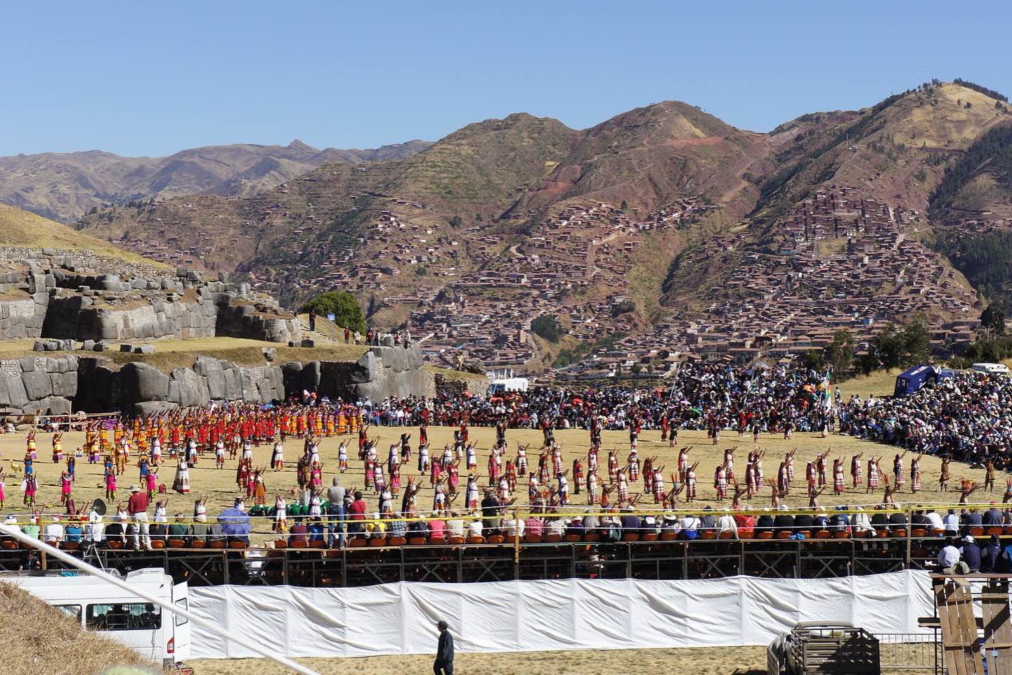 Dancers in costume performing at Sacsayhuamán during Inti Raymi