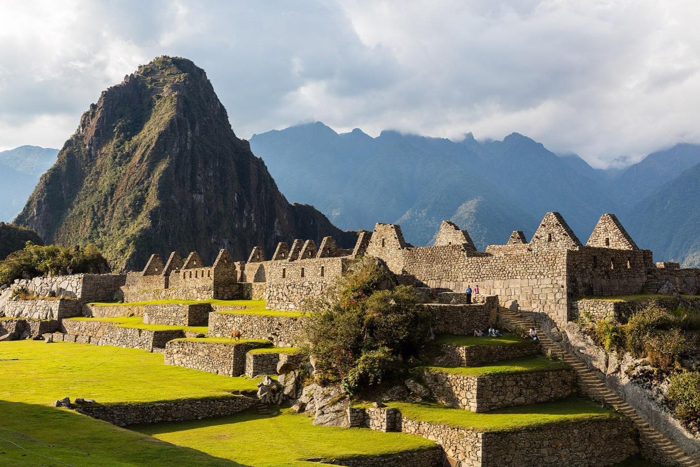 Machu Picchu citadel seen from the upper terraces with Huayna Picchu behind