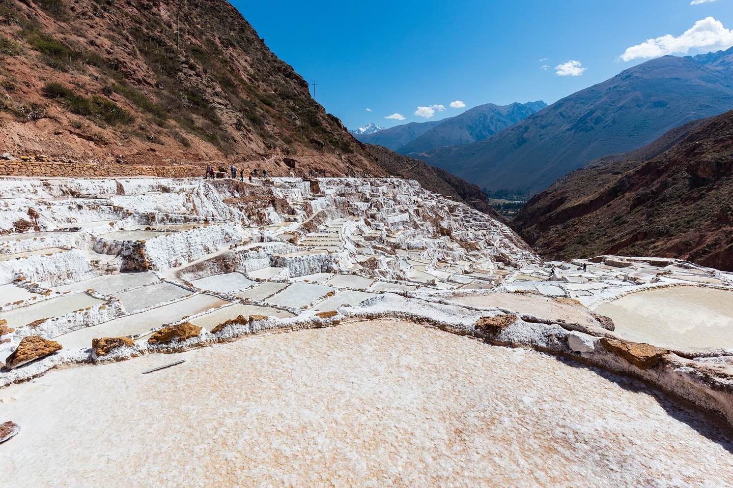 Hundreds of white and ochre salt pans on a hillside at Maras