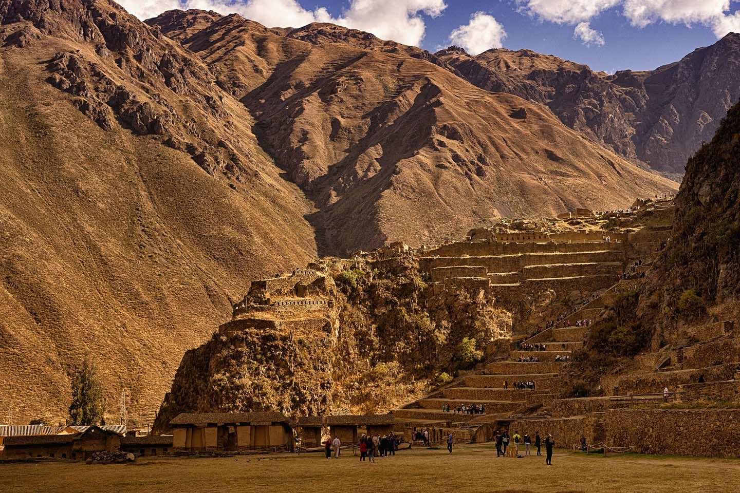 Stone terraces climbing the hillside at Ollantaytambo
