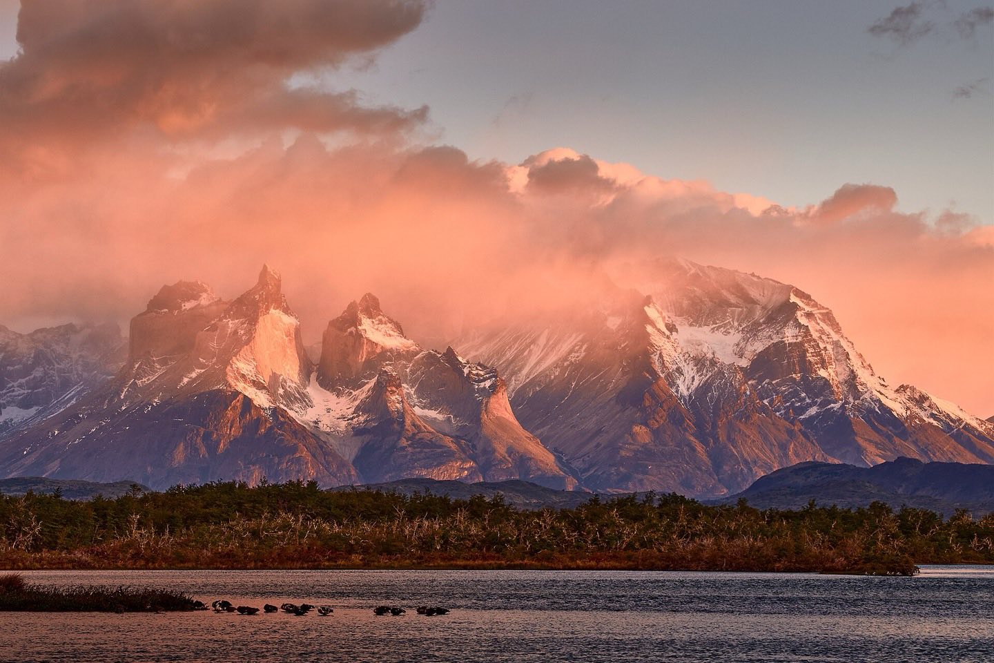 The dark-capped Cuernos del Paine over Lake Pehoé