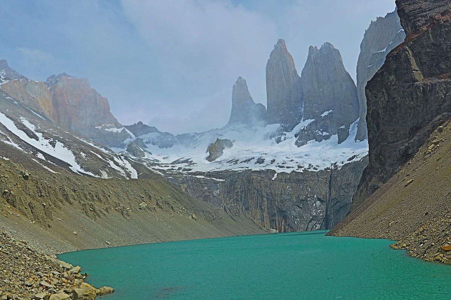 The three granite towers of Paine above their glacial lake