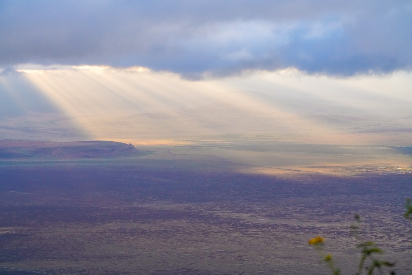 Shafts of sunlight breaking through cloud onto the floor of the Ngorongoro Crater